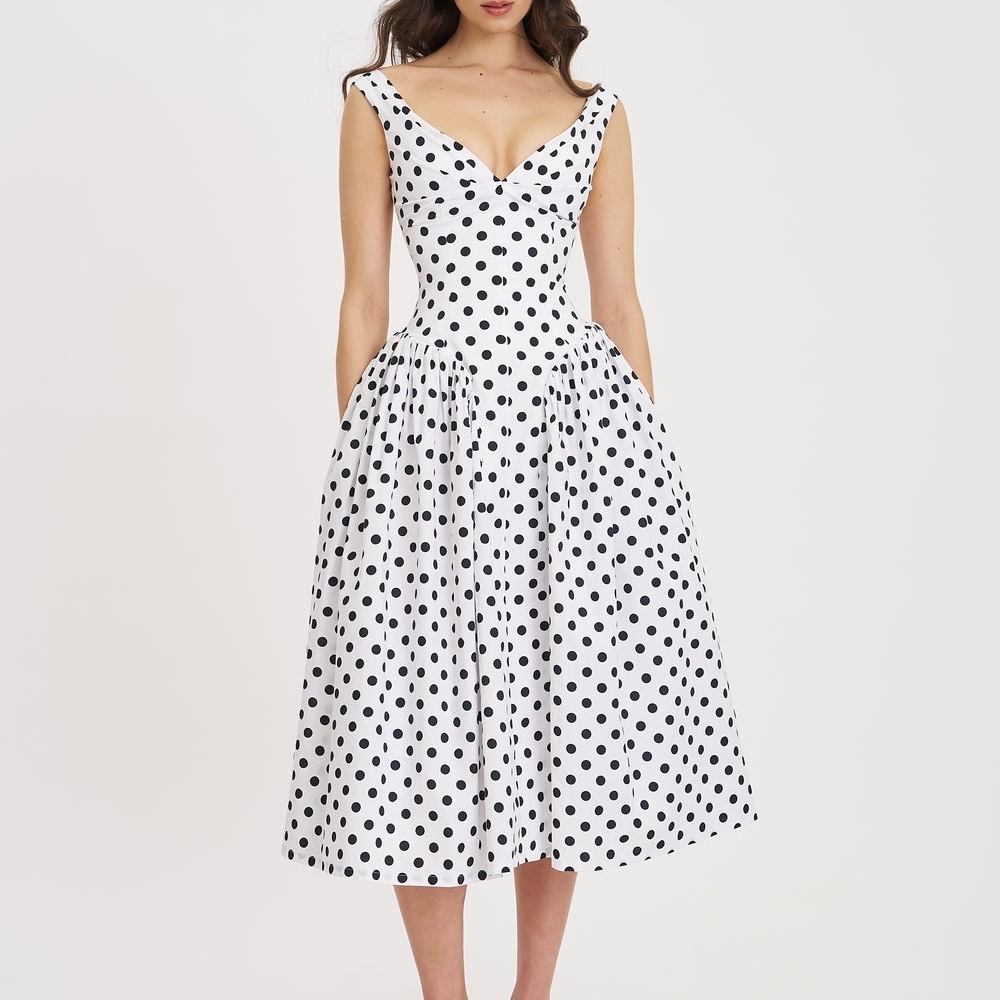 Elegant Black and White Polka Dot Midi Dress